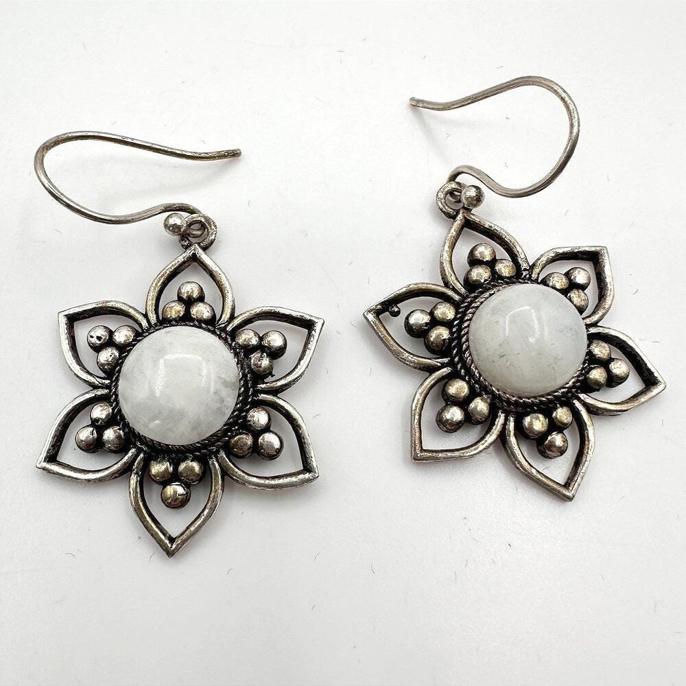 Vintage 90s Silver Tone Moonstone Floral Dangle Earrings Women's Classic Jewelry